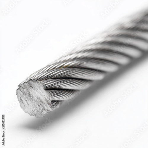 High-resolution 3D rendering of a strong industrial steel cable wire rope isolated on a clean white background. Essential element for construction, engineering, and heavy industry concepts.

