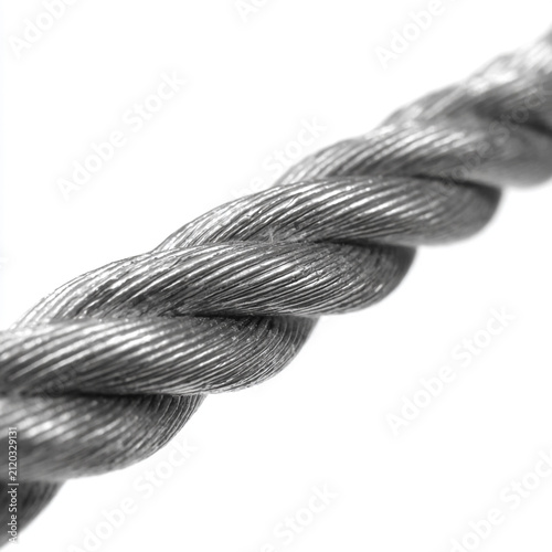 High-resolution 3D rendering of a strong industrial steel cable wire rope isolated on a clean white background. Essential element for construction, engineering, and heavy industry concepts.
