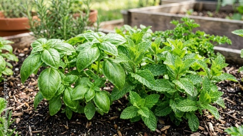 Fragrant Herb Garden Bounty: A lush assortment of fresh, green herbs, including basil and mint, flourishes in a raised garden bed, ready for culinary use or aromatic enjoyment.