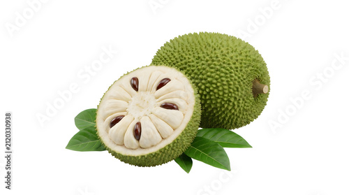 A whole soursop fruit and a half-cut soursop fruit with green leaves on a white background.