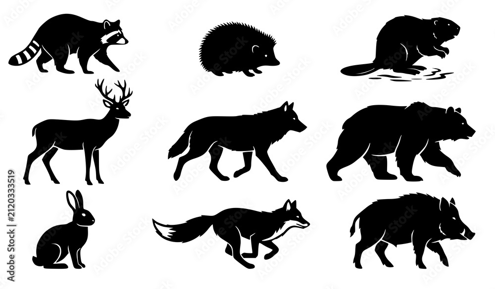 Obraz premium Forest Wild Animals Silhouette Vector Collection Featuring Bear, Wolf, Fox, Deer, Raccoon, and Rabbit Icons for Nature and Wildlife Designs