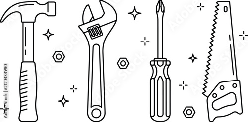 Cuadro en lienzo Minimalist hand tools line art vector set with hammer adjustable wrench screwdri