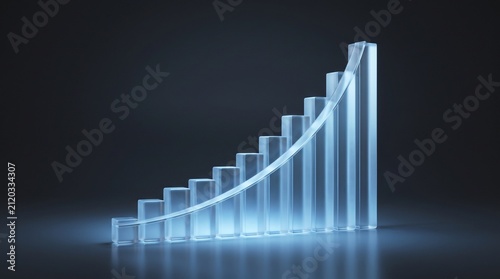 Clear glass rising growth chart with glowing upward curve symbolizing business success and progress in minimalist dark studio setting