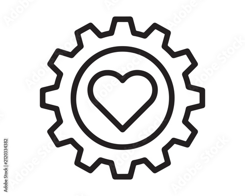  Gear wheel icon with heart shape inside representing mechanical love or passion mechanical industry technology engineering graphics metaphor connection creative abstract technical precision
