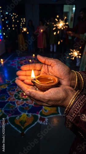 diya lamp being held at diwali festival of lights