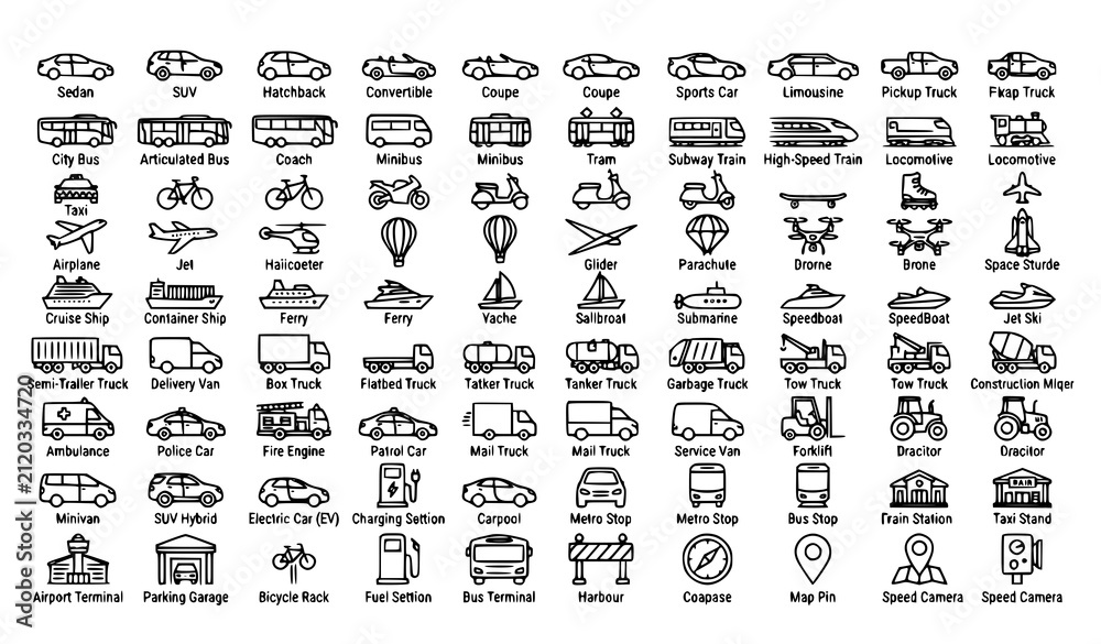 Obraz premium transportation, vehicle, icon, vector, lineart, car, bus, taxi, bicycle, train, airplane, helicopter, ship, truck, motorcycle, travel, mobility, logistics, public, transit, editable, stroke, outline, 