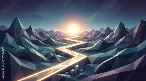 Low poly mountain landscape with glowing zigzag river at sunrise, geometric terrain with polygonal peaks and atmospheric sky conveying serene futuristic mood
