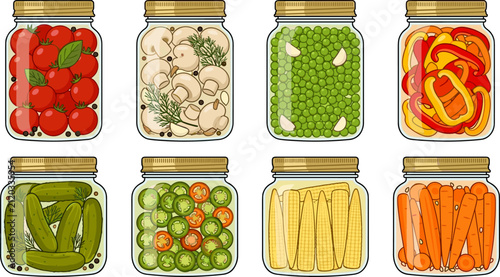 Homemade Preserved Vegetables in Glass Jars Set Featuring Pickled Tomatoes, Mushrooms, Green Peas, Bell Peppers, Cucumbers, Jalapeno Slices, Baby Corn, and Carrots