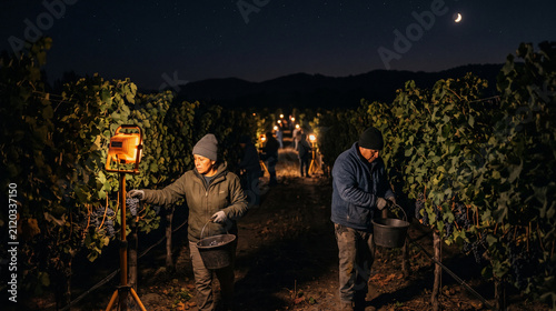 Adult teams start nighttime grape picking beneath amber vineyard lights