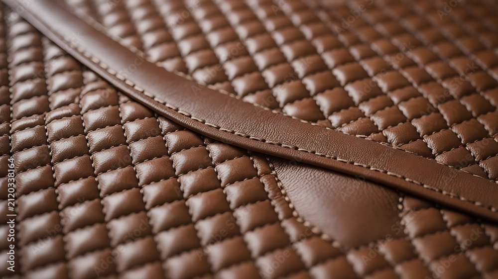 Fototapeta premium Macro close up photograph of premium brown leather with quilted texture and detailed stitching