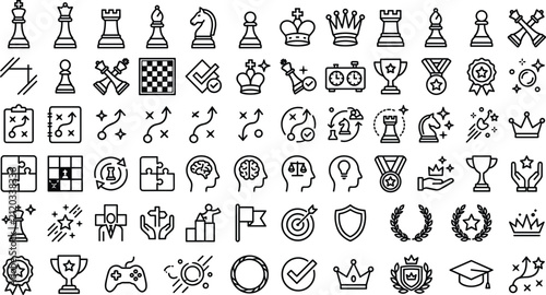 Obraz na płótnie Chess and strategy line icons set featuring board game pieces tactics competitio