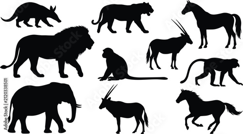 Photography Wild animals black silhouettes set isolated on white background
