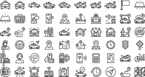 Fotografie Taxi service and urban transportation line icons set featuring cabs mobile booki
