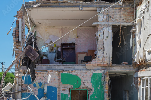 Destroyed brick office building after motor transport workshop bombing