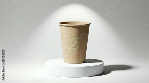 Kraft paper takeaway cup with embossed logo on white cylindrical podium against neutral background, suitable for beverage packaging mockups and cafe branding.
