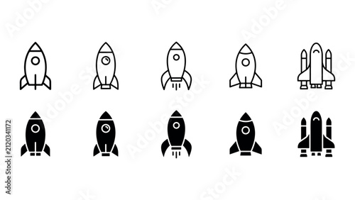 Rocket icons set spaceship launch startup space exploration business growth symbols.