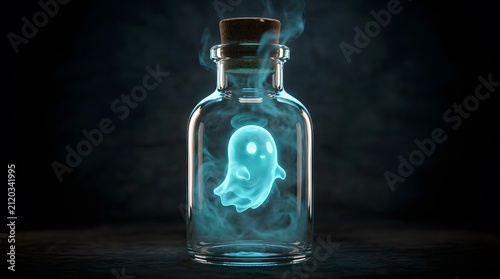 Glowing magical ghost or potion trapped inside a glass jar