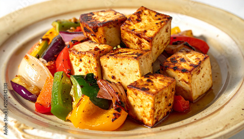 Grilled Tofu with Mixed Vegetables on Rustic Plate, Healthy High Protein Vegan Meal