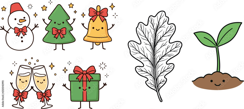Fototapeta premium Cute Christmas holiday characters vector icon set with detailed leaf sketch and small green plant seedling