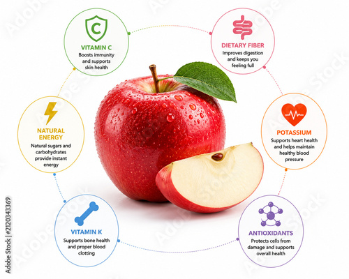 Fresh Red Apple with Essential Nutrients Infographic Isolated on White Background