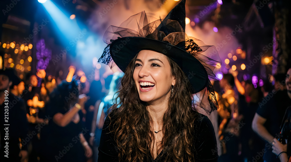 Fototapeta premium Beautiful young woman wearing a witch hat at a lively Halloween costume party celebration