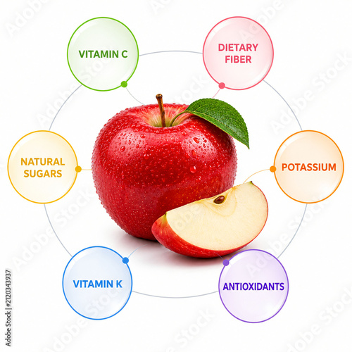 Fresh Red Apple with Essential Nutrients Infographic Isolated on White Background
