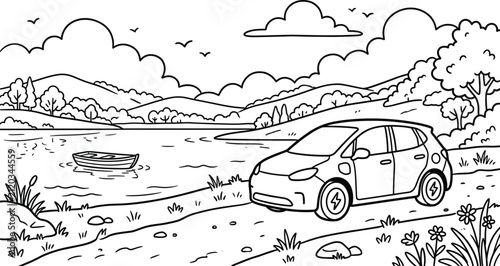 Electric car driving on nature road near beautiful lake and mountains coloring book page black outline vector illustration