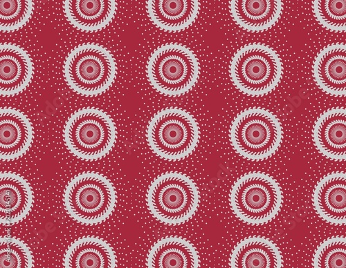Red background patterned silver radial geometric shapes rhythmic dots artistic minimalist design style.Perfect for modern branding, packaging, stationery, and digital projects.