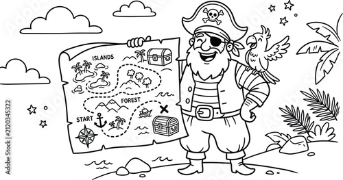 Friendly pirate captain holding an old treasure map with parrot on tropical island shore in outline cartoon style