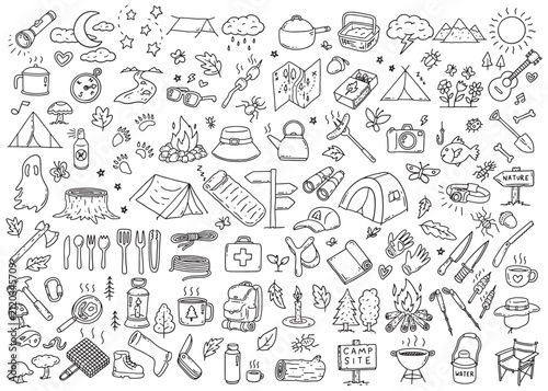 Hiking Camping Adventure icons clip art doodle compilation set.  Vector art simple doodle illustration icon set for web, t-shirt design, other graphic design use