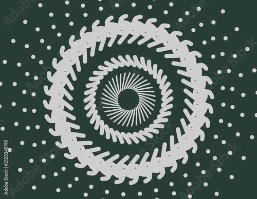 Grey radial pattern circular geometric shapes with repetitive white dots on emerald black background. Suitable for digital backgrounds, print designs, and abstract concepts.