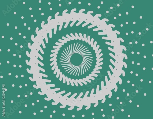 Grey radial pattern circular geometric shapes with repetitive white dots on emerald green background. Suitable for digital backgrounds, print designs, and abstract concepts.