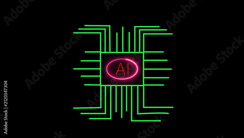 Fotografie Geometric lines paths weave interconnected green neon network maps across black