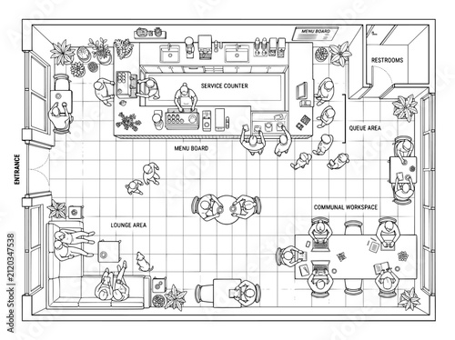 Modern coffee shop floor plan vector, top view architectural layout of cafe interior with service counter and communal workspace, black and white line art