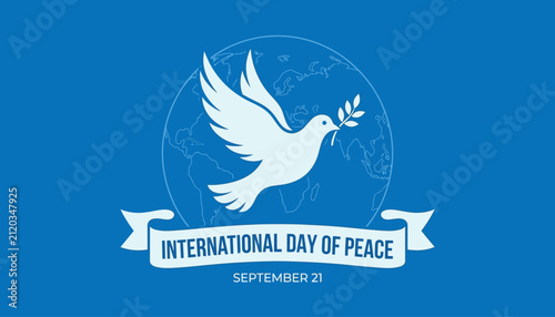 International day of peace graphic with a white dove holding an olive branch on a blue background