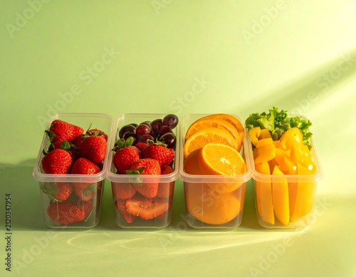 Fresh Food Storage Containers on Soft Green Background, Reusable Kitchen Meal Prep Boxes for Healthy Food Organization and Sustainable Living Concept
