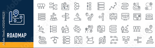 roadmap and strategic timeline project planning line icons set. Milestone route process progression, step destination workflow, and strategy map linear symbols.
