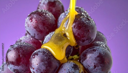 Fresh Grapes with Pouring Grape Juice on Soft Violet Background, Juicy Purple Fruit, Natural Beverage, Healthy Refreshment and Minimal Food Photography Concept