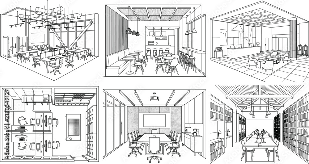 Fototapeta premium Modern Office Interior Line Art Collection with Workspace Conference and Library Architectural Sketches