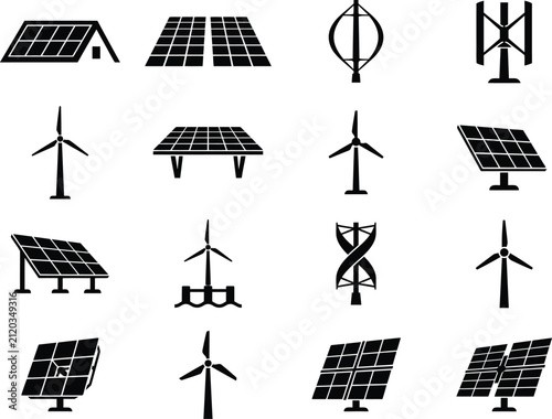 Solar Panel and Wind Turbine Silhouettes Vector Set for Renewable Energy Icons