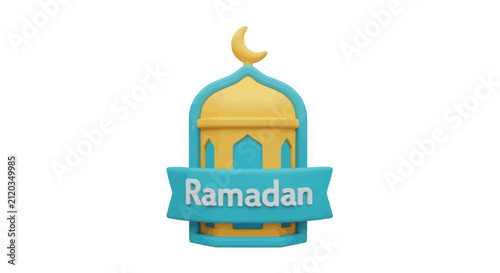 Ramadan mosque icon with crescent moon and ribbon banner
