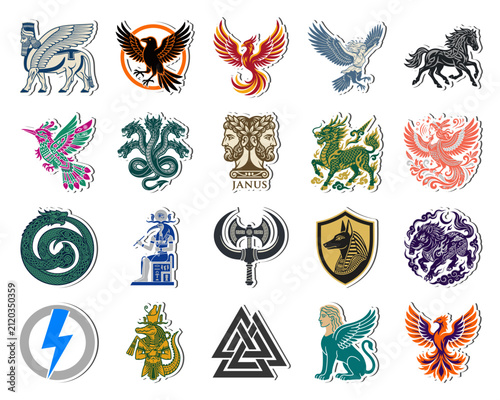 Mythological Creatures and Ancient Gods Sticker Set featuring Phoenix Sphinx Dragon and Sacred Symbols for Graphic Design