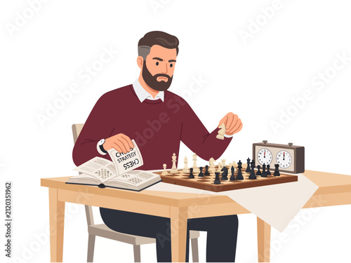 Obraz na plátně A bearded man sitting at a table studying chess strategy from a book