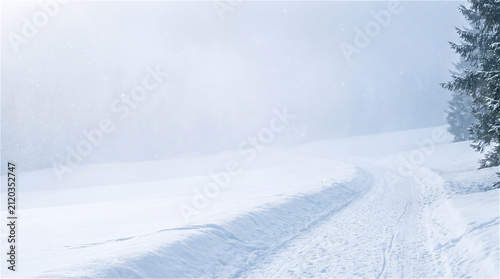 Minimal snowy winter landscape with soft blue light and copy space