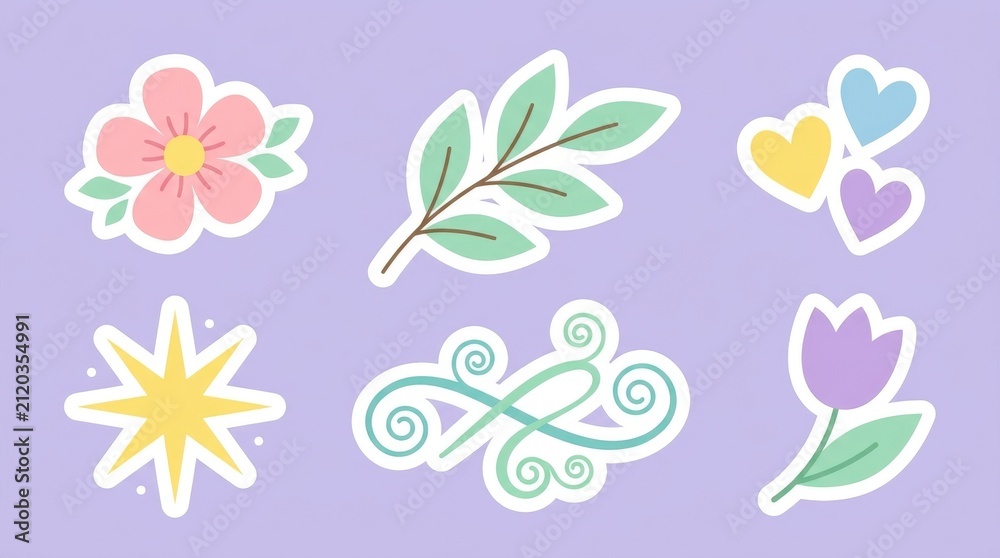 Obraz premium Cute Pastel Sticker Set with Floral and Nature Elements