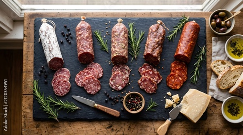 Assorted salami sausages on a slate board, cured meat platter with herbs and spices, perfect for National Salami Day