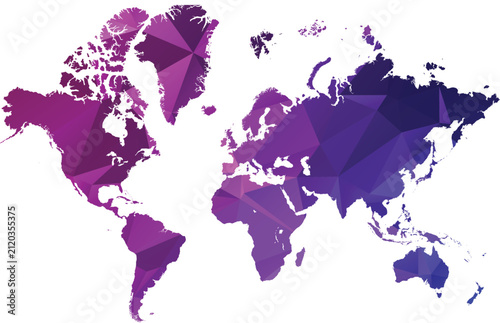 Geometric World Map Vector, Polygonal Continents, Purple Gradient, Global Network