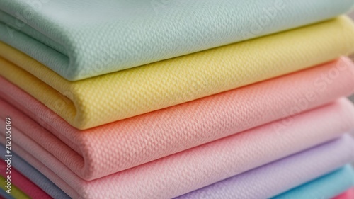 A close up photograph of stacked pastel colored fabric swatches with a soft textured surface finish