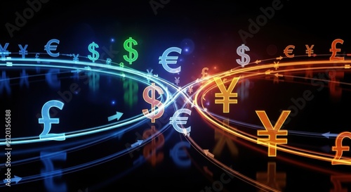 Global currency symbols in digital motion. Financial market data flow with glowing money icons.