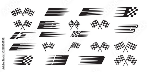 Racing checkered flags and speed lines vector graphics set.